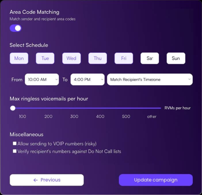 VoiceDrop campaign settings: area code matching, sending days and hours, a cap per hour and a Do Not Call check