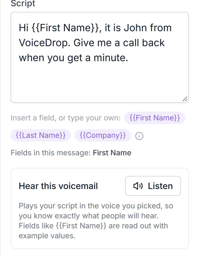 VoiceDrop's script box with a first name field, and a Listen button that plays the voicemail before it sends