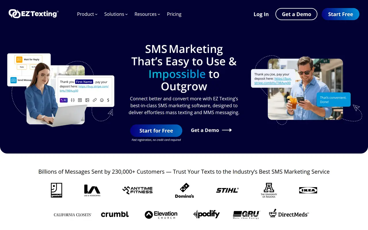 The EZ Texting homepage at www.eztexting.com