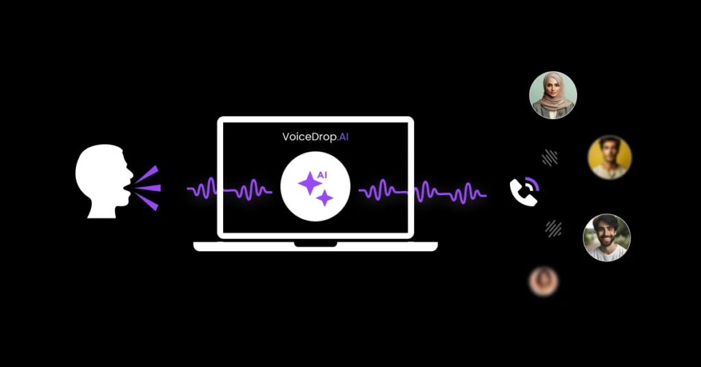 Illustration of VoiceDrop.AI: A silhouette of a person speaks into a laptop displaying VoiceDrop.AI with a wave pattern. Nearby are icons of mass voice messaging, a microphone, phone, and three avatars on a black background, highlighting AI communication. VoiceDrop Ringless Voicemails