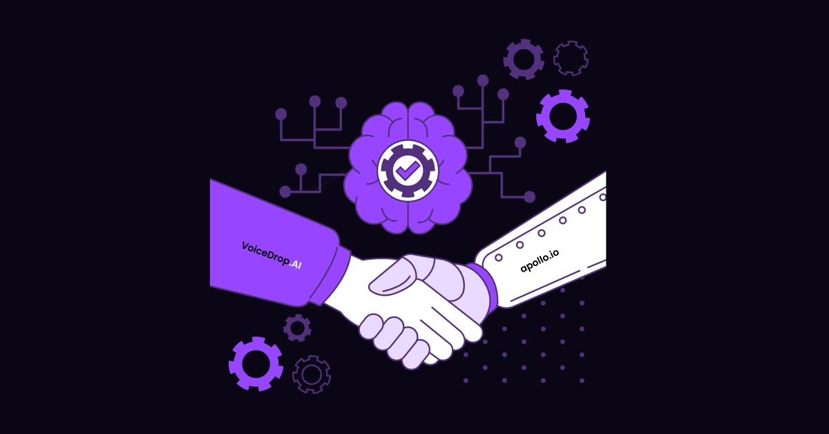 Illustration of two hands shaking—one labeled VoiceDrop and the other Apollo.io—with a check-mark brain, gears, and circuit lines in the background, symbolizing AI-powered B2B outreach and collaboration. VoiceDrop Ringless Voicemails