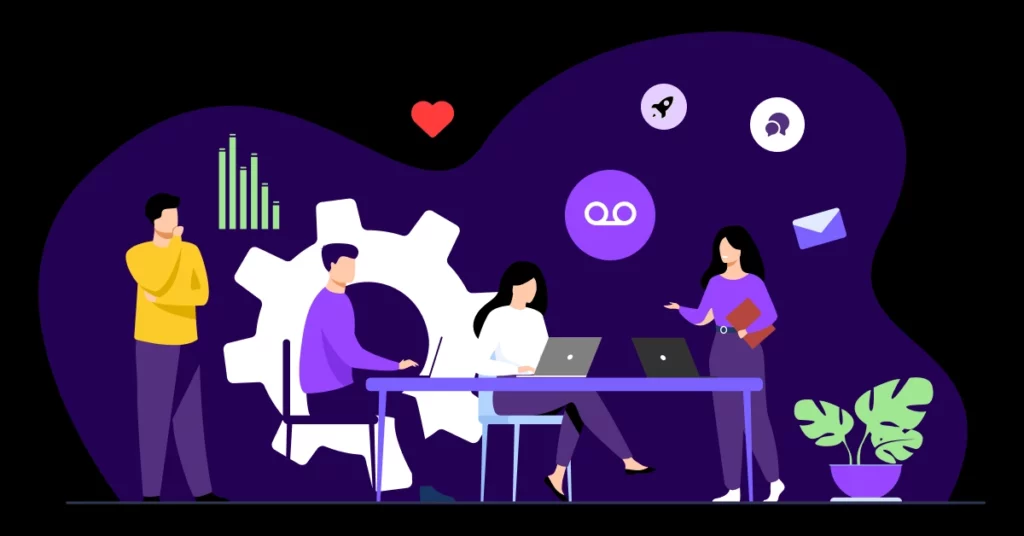 Illustration of four people collaborating at a table with laptops, surrounded by icons representing teamwork, communication, and data-reflecting nonprofit outreach and resourcefulness-set against a dark purple background with a plant and large gear. VoiceDrop Ringless Voicemails